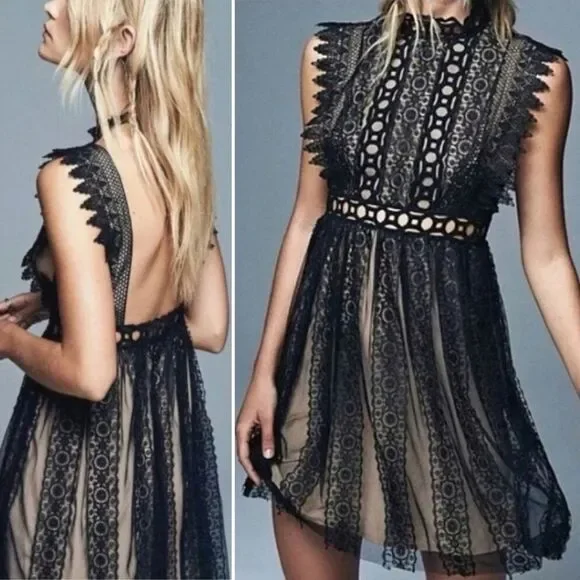 Free People Forever Lace Babydoll Deco Mini Dress Black & Nude Women’s Size 10 - Picture 8 of 16